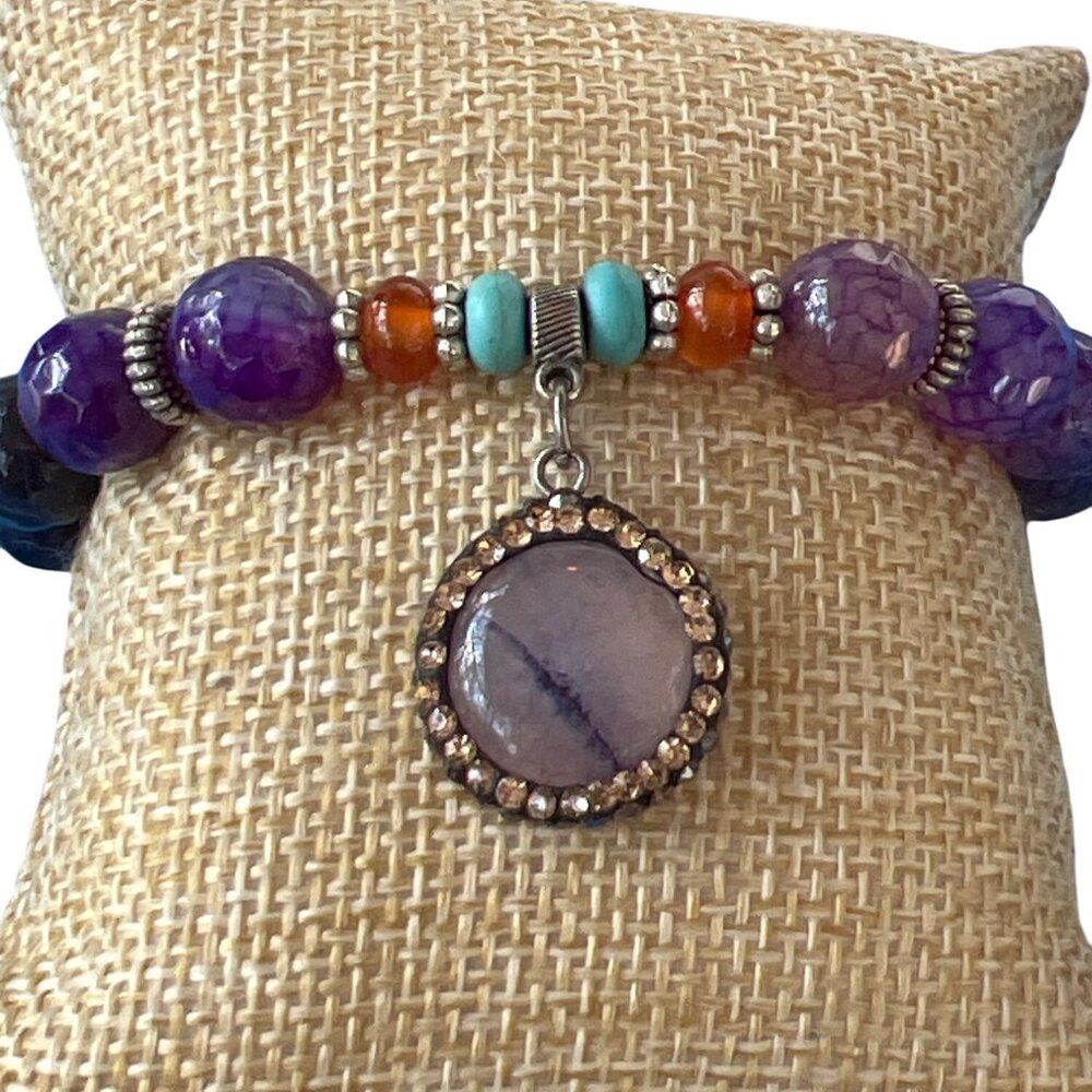 Amethyst Beaded Stretch Bracelet Silver Tone Dangle Rhinestones Turquoise NWOT